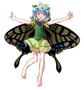 1girl alphes_(style) antennae aqua_hair barefoot blush butterfly_wings commentary_request dairi dress eternity_larva fairy full_body green_dress hair_between_eyes insect_wings large_variant_set leaf leaf_on_head multicolored_dress outstretched_arms parody short_hair solo spread_arms style_parody tachi-e touhou transparent_background variant_set wings