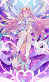 1girl absurdres bare_shoulders blue_hair breasts closed_mouth commentary cyrene_(honkai:_star_rail) cyrene_(ripples_of_past_reverie)_(honkai:_star_rail) diamond-shaped_pupils diamond_(shape) dress fingernails flower gradient_hair hair_flower hair_ornament high_heels highres honkai:_star_rail honkai_(series) icedango_(dpopic3) large_breasts long_hair multicolored_hair pink_hair pointy_ears purple_eyes purple_flower purple_rose purple_shoes rose shoes sidelocks sitting smile solo symbol-shaped_pupils very_long_hair white_dress