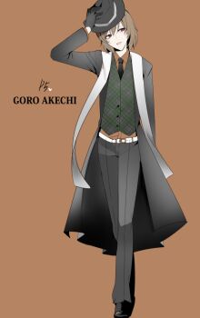 Rule 34 | 10s, 1boy, akechi gorou, black gloves, black necktie, brown background, brown eyes, brown hair, character name, coat, copyright name, full body, gloves, hat, hat tip, heart, holding, holding unworn clothes, holding unworn hat, looking to the side, mafia, male focus, necktie, nekoneko765, persona, persona 5, scarf, simple background, smile, solo, unworn hat, unworn headwear, vest, waistcoat