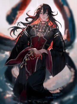 1boy bishounen black_hair black_robe blood blood_on_hands blurry blurry_background braid chain colored_inner_hair dated earrings feet_out_of_frame fingernails hair_between_eyes highres jewelry lamia_boy long_hair long_sleeves looking_at_viewer male_focus monster_boy multicolored_hair multicolored_robe nu_carnival official_alternate_costume official_alternate_hair_length official_alternate_hairstyle owner_bird parted_lips red_eyes red_hair red_nails red_robe robe sharp_fingernails side_braid snake_boy solo standing tassel tassel_earrings two-tone_hair wide_sleeves yakumo_(nu_carnival) yakumo_(shadow_lineage)_(nu_carnival)