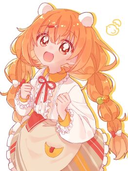 1girl apron baby_animal bird blush braid brown_apron brown_skirt center_frills chick collared_dress cowboy_shot dress egg_hair_ornament food-themed_hair_ornament fork_hair_ornament frilled_dress frills from_above hair_ornament hairclip hands_up highres kirara_tamako kirara_tamako_(1st_costume) layered_sleeves long_hair long_sleeves looking_ahead low_twin_braids na_ri_ta neck_ribbon nijisanji object_in_pocket open_mouth orange_eyes orange_hair pocket red_ribbon ribbon simple_background skirt smile solo standing striped_clothes striped_skirt twin_braids vertical-striped_clothes vertical-striped_skirt virtual_youtuber white_background white_dress