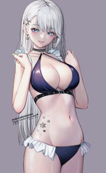 10_plus 1girl bikini blue_eyes breasts cleavage collarbone commentary commission cowboy_shot earrings frilled_bikini frills grey_background groin hair_ornament hands_up highres jewelry large_breasts long_hair making-of_available nail_polish navel o-ring o-ring_bikini o-ring_top original parted_lips purple_bikini simple_background skeb_commission smile solo stomach swept_bangs swimsuit symbol-only_commentary tattoo teeth twitter_username white_hair x_hair_ornament yellow_nails