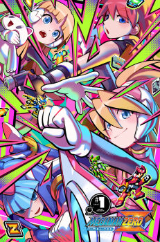 Rule 34 | 4girls, alouette (mega man), blonde hair, blue eyes, blue helmet, ciel (mega man), copy x (mega man), fairy leviathan (mega man), forehead jewel, helmet, highres, keenbiscuit, mega man (series), mega man zero (series), multiple girls, neige (mega man), official art, red hair, robot ears, sage harpuia (mega man), stuffed animal, stuffed cat, stuffed toy, udon entertainment