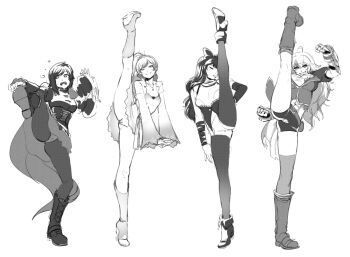 4girls afterimage arm_at_side arm_strap arm_up belt blake_belladonna bodice boots bow breasts cameltoe cleft_of_venus clenched_hands closed_eyes detached_sleeves dress flexible flying_sweatdrops full_body greyscale hair_bow hair_ornament hand_on_own_hip high_heel_boots high_heels high_kick holding_own_foot jacket kicking knee_boots kneepits large_breasts leg_lift leg_up pantyhose_under_shorts licking lineup long_hair long_sleeves looking_at_viewer medium_breasts midriff monochrome multiple_girls no_panties odd_one_out one_eye_closed one_eye_covered open_mouth outstretched_arms own_hands_together panties panties_over_pantyhose pantyhose pantyshot pussy ruby_rose rwby scarf shoe_soles short_hair shorts side_ponytail simple_background sinccubi sketch small_breasts smile smirk smug split standing standing_on_one_leg standing_split struggling sweatdrop swept_bangs thighhighs uncensored underwear v_arms vambraces weiss_schnee white_background yang_xiao_long