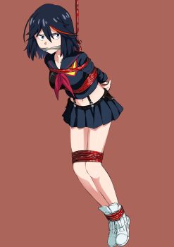 1girl absurdres arms_behind_back bdsm belly bondage bound bound_ankles bound_arms bound_legs bound_torso box_tie cleave_gag cloth_gag collarbone female_focus full_body gag gagged hanging highres improvised_gag kill_la_kill matoi_ryuuko midriff navel over_the_nose_gag peril restrained shibari solo suspension tied_up_(nonsexual) vakaosciosa variant_set