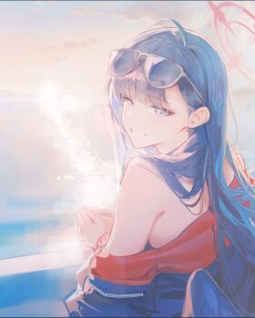 1girl absurdres bare_shoulders black_hair black_jacket black_wings blue_archive blue_eyes commentary cup eyewear_on_head feathered_wings guan_byeol halo highres holding holding_cup ichika_(blue_archive) ichika_(swimsuit)_(blue_archive) jacket long_hair looking_at_viewer looking_back official_alternate_costume red_halo smile solo sunglasses sunrise swimsuit teeth unusually_open_eyes wings