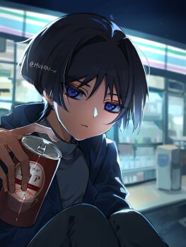 1boy absurdres black_hair black_pants blue_jacket blunt_ends blurry blurry_background can commentary_request convenience_store expressionless eyeliner eyeshadow genshin_impact grey_shirt hair_intakes highres holding jacket lapels looking_at_viewer makeup male_focus munou_v night outdoors pants parted_lips purple_eyes red_eyeliner red_eyeshadow scaramouche_(genshin_impact) shirt shop solo tsurime turtleneck turtleneck_shirt twitter_username undershirt white_mouth wispy_bangs