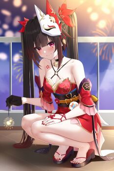 1girl absurdres aerial_fireworks black_choker black_panties black_sandals blurry blurry_background breasts chest_tattoo choker collarbone commentary_request detached_sleeves fingernails fireworks flower_tattoo fox_mask hair_between_eyes hair_ornament hand_on_own_thigh highres holding holding_fireworks honkai:_star_rail honkai_(series) japanese_clothes kimono long_hair mask mask_on_head medium_breasts mole mole_under_each_eye mole_under_eye multiple_moles nail_polish o-ring o-ring_thigh_strap panties pink_eyes red_kimono sandals sleeveless sleeveless_kimono sparkle_(honkai:_star_rail) squatting tattoo thigh_strap toenail_polish toenails twintails underwear very_long_hair zerotwenty_(020)