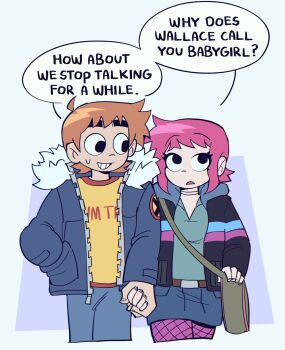 1boy 1girl ahoge bag black_eyes blue_background blue_pepe border commentary couple english_commentary english_text fur-trimmed_jacket fur_trim grin hetero highres holding_hands implied_bisexual implied_yaoi jacket meme nervous_sweating official_style open_clothes open_jacket orange_hair pink_hair ramona_flowers scott_pilgrim scott_pilgrim_(series) scott_pilgrim_takes_off short_hair shoulder_bag simple_background smile speech_bubble sweat sweatdrop walking why_does_x_call_you_babygirl?_(meme)
