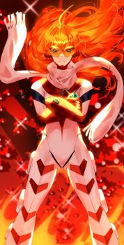 Rule 34 | 1girl, bodysuit, crossed arms, gloves, gunbuster pose, highres, nono (top wo nerae 2!), orange hair, red gloves, scarf, sinkoart, solo, sunglasses, tinted eyewear, top wo nerae! (series), top wo nerae 2!, visor, white bodysuit