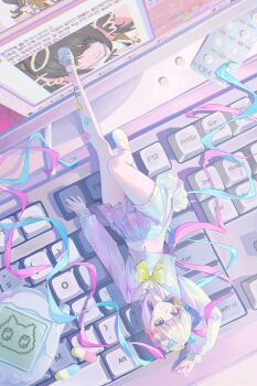 1girl absurdres arm_up blister_pack blonde_hair blue_eyes blue_footwear blue_serafuku bow bowtie chouzetsusaikawa_tenshi-chan computer computer_keyboard hair_bow hand_up highres looking_at_viewer lying medicine miniskirt monitor multicolored_bow multicolored_hair multicolored_nails nail_polish navel needy_girl_overdose nesun pill school_uniform serafuku skirt smile yellow_bow yellow_bowtie