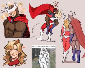 1boy 1girl blonde_hair blush bodysuit cape excuse_me_he_asked_for_no_pickles_(meme) f-zero full_body heart hetero highres holding_hands husband_and_wife kiss long_hair mask meme monkii_(mjooolnina) mrs._arrow multiple_views muscular muscular_male nintendo smile super_arrow walking