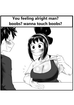 Rule 34 | 1boy, 1girl, ?, amano44, asui tsuyu, blush, blush stickers, boku no hero academia, boobs? wanna touch boobs? (meme), breasts, cleavage, clothes lift, english text, hetero, large breasts, midoriya izuku, monochrome, scar, shirt lift