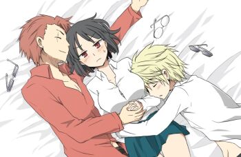 1girl 2boys akabayashi arms_around_waist bed_sheet black_hair blonde_hair blush bra closed_eyes durarara!! glasses heiwajima_shizuo looking_at_viewer multiple_boys nanasaki open_clothes open_shirt own_hands_clasped own_hands_together partially_open_shirt red_eyes red_hair red_shirt scar scar_across_eye scar_on_face shirt short_hair skirt sleeping sonohara_anri sunglasses sweat underwear unworn_eyewear white_shirt