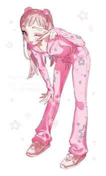 1girl bent_over blush bomhat breasts commentary fingernails full_body heart highres hood hoodie long_fingernails looking_at_viewer one_eye_closed open_mouth pants pink_hoodie pink_pants pink_shoes shoes simple_background small_breasts smile sneakers solo spread_fingers standing star_(symbol) sweatpants symbol-only_commentary twintails v white_background