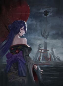 1girl absurdres acheron_(honkai:_star_rail) alternate_costume alternate_hairstyle bare_shoulders black_kimono breasts closed_mouth commentary_request disembodied_hand felfia from_behind grey_sky hair_ornament hairpin hand_grab highres holding holding_umbrella honkai:_star_rail honkai_(series) japanese_clothes kimono large_breasts long_hair looking_at_viewer looking_back off_shoulder oil-paper_umbrella outdoors purple_eyes purple_hair sky solo torii umbrella