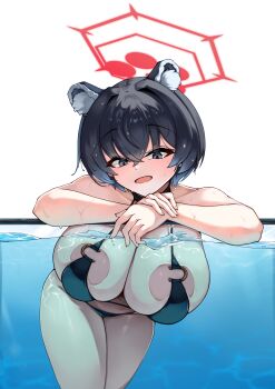 1girl absurdres against_glass animal_ear_fluff animal_ears beetleasd bikini black_bikini black_eyes black_hair blue_archive breast_press breasts breasts_on_glass florida_bikini hair_between_eyes halo highres huge_breasts open_mouth partially_submerged red_halo solo string_bikini swimsuit tsubaki_(blue_archive) white_background