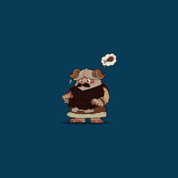 1boy beard blush_stickers chibi dungeon_meshi dwarf facial_hair fake_horns full_body helmet horned_helmet horns hungry long_beard male_focus mustache negative_space nonagallery_art notice_lines senshi_(dungeon_meshi) solo speech_bubble standing thick_mustache thought_bubble very_long_beard