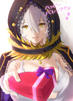 1girl absurdres bandaged_arm bandages bare_shoulders black_cloak box breasts cleavage cloak code_vein dress gift gift_box hair_between_eyes heart-shaped_box highres holding holding_box holding_gift hood hooded_cloak io_(code_vein) jewelry karma3009 large_breasts looking_at_viewer necklace simple_background smile solo upper_body valentine white_background white_dress white_hair yellow_eyes