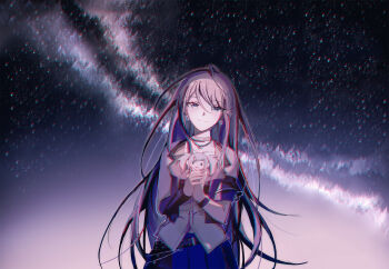 1girl ahoge armband black_hair blue_armband blue_skirt chain chain_necklace character_doll choker chromatic_aberration closed_mouth commentary_request cowboy_shot detached_sleeves doll earrings grey_choker grey_eyes hatsune_miku heavy_chromatic_aberration highres holding holding_doll hoshino_ichika_(project_sekai) jewelry leo/need_miku light_blush long_hair looking_at_viewer necklace night outdoors own_hands_clasped own_hands_together project_sekai shirt single_detached_sleeve skirt sky sleeveless sleeveless_shirt smile solo split_mouth star_(sky) star_(symbol) star_earrings star_pendant starry_sky very_long_hair vocaloid white_shirt yuim_hosin