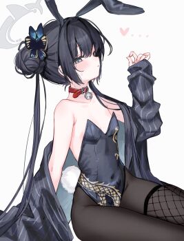 1girl alternate_costume animal_ears bare_shoulders bell black_hair black_leotard black_pantyhose blue_archive blush braid breasts bun_with_braided_base butterfly_hair_ornament coat collar collarbone covered_navel dragon_print fake_animal_ears fake_tail fingernails fishnet_pantyhose fishnets grey_coat grey_eyes grey_halo hair_bun hair_ornament halo hand_up heart highres kisaki_(blue_archive) leotard long_hair long_sleeves looking_at_viewer neck_bell pantyhose parted_lips playboy_bunny rabbit_ears rabbit_tail red_collar shouu-kun simple_background single_fishnet_legwear small_breasts solo strapless strapless_leotard tail twintails variant_set very_long_hair white_background