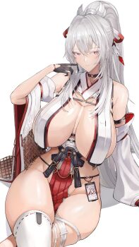 Rule 34 | 1girl, absurdres, adapted costume, alternate costume, bare shoulders, black choker, black gloves, breast curtains, breasts, chest harness, choker, closed mouth, colored eyelashes, commentary, curvy, detached sleeves, flat color, gloves, groin, hair ribbon, hand up, harness, highres, hiyuki (wuthering waves), huge breasts, jewelry, long hair, looking at viewer, mole, mole on shoulder, mole under eye, necklace, nontraditional miko, pelvic curtain, ponytail, red eyes, red ribbon, revealing clothes, ribbon, shirt, simple background, sitting, solo, striped clothes, tacet mark (wuthering waves), thick thighs, thighs, vertical-striped clothes, white background, white hair, white shirt, wuthering waves, yusha m