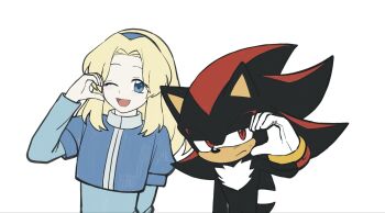1boy 1girl ;d black_fur blonde_hair blue_eyes blue_hairband closed_mouth commentary dia_sh_ma furry furry_male hairband half-heart_hands highres long_sleeves looking_at_viewer maria_robotnik one_eye_closed open_mouth shadow_the_hedgehog smile sonic_(series) sweatdrop symbol-only_commentary upper_body white_background