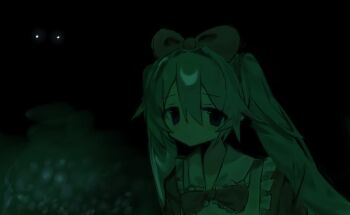 Rule 34 | 1girl, alternate costume, apron, bow, closed mouth, commentary, dark, frilled apron, frilled bowtie, frills, hair between eyes, hair bow, hatsune miku, long hair, looking at viewer, maid apron, night, outdoors, solo, twintails, upper body, vocaloid, yatsu (dolkz1455y75969)
