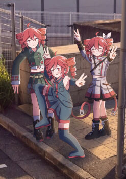 3girls ahoge bare_shoulders belt black_boots black_shirt black_skirt black_sleeves boots bow buttons chain-link_fence closed_eyes collared_shirt detached_sleeves double_v drill_hair fence grey_jacket grey_skirt hair_between_eyes hair_bow hashtag-only_commentary high_school_girls_posing_for_google_street_view_(meme) highres jacket kasane_teto kasane_teto_(sv) kasane_teto_(utau) kasane_teto_(voicepeak) lace-up_boots light_blush long_sleeves looking_at_viewer meme multiple_girls number_tattoo outdoors photo_background red_eyes red_hair shirt skirt sleeveless sleeveless_shirt smile sound_wave standing standing_on_one_leg tattoo twin_drills utau v white_bow zooo_3