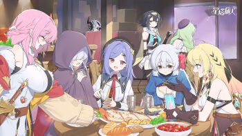 6+girls ^_^ amber_(stella_sora) armpits bare_shoulders black_gloves black_hair black_ribbon black_thighhighs blonde_hair blue_shrug braid breasts can center-flap_bangs chinese_commentary cleavage cloak closed_eyes collared_shirt commentary_request cosette_(stella_sora) crane_game drink_can earrings elbow_gloves fingerless_gloves flower flying_sweatdrops food fuyuka_(stella_sora) gloom_(expression) gloves green_hair grey_hair guest_art hair_flower hair_ornament hair_over_eyes hair_ribbon half_up_braid hayashi_kewi highres holding holding_can hood hooded_cloak iris_(stella_sora) jewelry juliet_sleeves kaede_(stella_sora) large_breasts long_sleeves low_twin_braids medium_breasts multiple_girls nazuna_(stella_sora) necktie noya_(stella_sora) official_art peeking petal_bloom_(stella_sora) pink_eyes pink_flower pink_hair profile puffy_sleeves purple_hair red_necktie ribbon ribbon_braid salmon second-party_source serena_(stella_sora) shirt shrug_(clothing) sideless_shirt single_earring sleeveless sleeveless_shirt soda_can soup sparkle_hair_ornament stella_sora thighhighs twin_braids white_shirt yellow_eyes