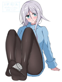 1girl alternate_costume blue_eyes blue_sweater braid breasts commentary_request depth_charge grey_hair highres kantai_collection long_hair long_sleeves looking_at_viewer medium_breasts mole mole_under_eye no_shoes pantyhose saburou_hiji single_braid sitting solo sweater twitter_username umikaze_(kancolle) umikaze_(mitsukoshi)_(kancolle) very_long_hair white_background