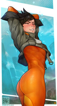 1girl arms_up ass black_hair bodysuit bomber_jacket breasts closed_eyes cropped_jacket eyebrows female_focus grey_jacket highres jacket lips no_bra orange_bodysuit overwatch overwatch_2 short_hair skin_tight sleeves_pushed_up small_breasts solo spiked_hair stretching tears tracer_(overwatch) waking_up yellowroom