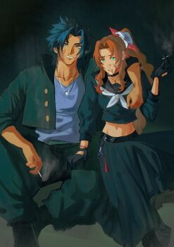 Rule 34 | 1boy, 1girl, absurdres, aerith gainsborough, aerith gainsborough (midgard seventh high school), arm around shoulder, wallet chain, black choker, black gloves, black hair, black jacket, black pants, black sailor collar, black serafuku, black skirt, blood, blood from mouth, blood on face, blue eyes, blue shirt, brown hair, bruise, bruise on face, choker, cigarette, commentary, couple, cropped shirt, delinquent, ear piercing, earrings, english commentary, final fantasy, final fantasy vii, final fantasy vii: ever crisis, flower, gakuran, gloves, green eyes, hair flower, hair ornament, hand on another's thigh, high ponytail, highres, holding, holding cigarette, injury, jacket, jewelry, long hair, long skirt, looking at viewer, lumiaeria, midriff, navel, neckerchief, necklace, nosebleed, official alternate costume, open clothes, open jacket, pants, parted lips, piercing, ponytail, sailor collar, school uniform, serafuku, shirt, short hair, sidelocks, sitting, skirt, spiked hair, sukeban, white flower, white neckerchief, zack fair, zack fair (midgard seventh high school)