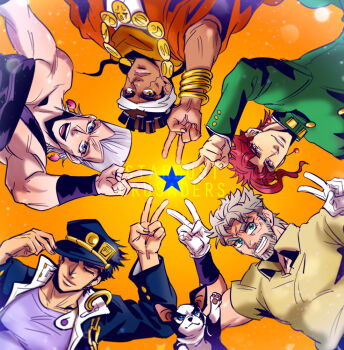 5boys anzumame blue_eyes bracelet circle_formation closed_eyes dark-skinned_male dark_skin dog earrings gloves gradient_background green_eyes grin hat iggy_(jojo) jean_pierre_polnareff jewelry jojo_no_kimyou_na_bouken joseph_joestar joseph_joestar_(old) kakyoin_noriaki kuujou_joutarou male_focus mohammed_avdol multiple_boys open_mouth orange_background smile star_(symbol) star_hands v