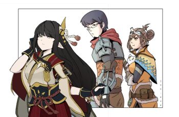 1boy 2girls :t armor artist_self-insert black_hair capcom capelet commentary distracted_boyfriend_(meme) english_commentary facial_hair folded_ponytail goatee goggles goggles_on_head handler_(monster_hunter_world) hetero highres hinoa japanese_armor japanese_clothes jealous jon_eve long_hair looking_back low-tied_long_hair meme monster_hunter:_world monster_hunter_(series) monster_hunter_rise multiple_girls pointy_ears pout short_hair yellow_eyes