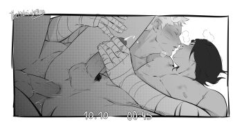 Rule 34 | 2boys, absurdres, anal, artist name, bandaged arm, bandages, blush, border, closed eyes, commentary, cum, ejaculating while penetrated, ejaculation, english commentary, facial mark, greyscale, highres, leg up, male focus, male masturbation, male penetrated, masturbating while penetrated, masturbation, monochrome, multiple boys, naruto (series), nipples, pubic hair, puff of air, short hair, testicles, themidnights0ng, uchiha sasuke, uzumaki naruto, whisker markings, white border, yaoi