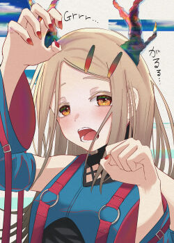 1girl absurdres arm_up blonde_hair blue_shirt blue_sleeves blush breasts claw_pose clenched_hand cloud collared_shirt colored_eyelashes commentary_request detached_sleeves dragon_girl dragon_horns fingernails flipped_hair gakuen_idolmaster glitch gradient_hair grey_hair hair_ornament hairclip highres horns idolmaster long_hair looking_at_viewer multicolored_hair o-ring_suspenders open_mouth orange_eyes parallel_hairclips parted_bangs red_nails shinosawa_hiro shirt sleeveless sleeveless_shirt small_breasts solo upper_body xin_xin_impact