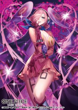 Rule 34 | 1girl, blue eyes, blue neckerchief, breasts, cape, cleavage, commentary, commentary request, copyright name, curly eyebrows, dress, eyelashes, gloves, hair over one eye, headphones, leg tattoo, long sleeves, looking at viewer, medium hair, neckerchief, official art, one piece, one piece card game, parted lips, pink dress, pink gloves, pink hair, plunging neckline, purple background, rokushiro koushi, short dress, smile, smoke, solo, sparkle, tattoo, vinsmoke reiju