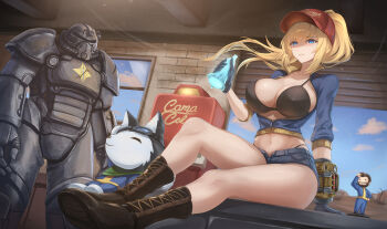 1girl armor baseball_cap black_bra black_gloves blonde_hair blue_eyes boots bottle bra breasts brick_wall cleavage cloud commission denim denim_shorts desk dog fallout g-string garage gloves goggles goggles_on_head hat highres holding holding_bottle jacket large_breasts navel nuka-cola nuka-cola_quantum on_desk open_clothes open_jacket pip_boy ponytail power_armor shorts sitting sky skyde_kei thighs thong underwear vault_boy vault_suit window