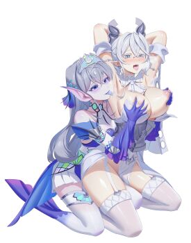 2girls absurdres armpits arms_behind_head blue_eyes blue_tongue blush breasts breath cleavage colored_tongue commentary_request dress drill_hair duel_monster grabbing_another&#039;s_breast grey_eyes grey_hair groping highres kitkallos_(yu-gi-oh!) licking licking_armpit long_hair lovely_labrynth_of_the_silver_castle multiple_girls nipple_stimulation nipples open_mouth rare_lemon simple_background slit_pupils strapless strapless_dress tearlaments_kitkallos tongue tongue_out twin_drills white_background white_dress yu-gi-oh! yuri