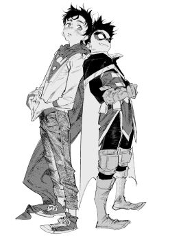 2boys atie1225 back-to-back blush boots cape commentary damian_wayne dc_comics greyscale grin highres jonathan_kent knee_pads male_focus mask monochrome multiple_boys no_pupils own_hands_together pants robin_(dc) shoelaces shoes short_hair simple_background smile sneakers standing super_sons superboy superhero_costume superman_logo symbol-only_commentary teeth white_background