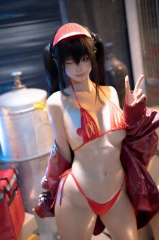 Rule 34 | 1girl, asian, bikini, black hair, breasts, chinese (nationality), chunmomo0127, cosplay, cosplay photo, hat, heart pasties, highres, indoors, jacket, looking at viewer, mcdonald's, medium breasts, one eye closed, pasties, photo (medium), real life, red bikini, red hat, red jacket, smile, stomach, swimsuit, twintails, v