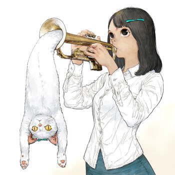 1girl animal black_eyes black_hair breasts buttons cat colored_sclera hair_ribbon hanging instrument medium_breasts medium_hair music original playing_instrument ribbon shirt slit_pupils solo tahra trumpet upside-down what white_background white_shirt yellow_sclera
