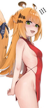 1girl absurdres animal_ears blonde_hair blush breasts china_dress chinese_clothes colored_inner_hair covered_navel dress flying_sweatdrops from_side green_eyes highres ju_fufu loli long_hair multicolored_hair no_panties orange_fur red_dress revealing_clothes sideboob sideless_dress simple_background skai_kun small_breasts solo striped_hair sweatdrop tail tiger_ears tiger_girl tiger_stripes tiger_tail white_background white_hair zenless_zone_zero