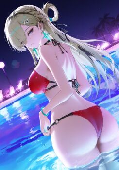 1girl ass bikini earrings highres jewelry juno1991 lon long_hair looking_at_viewer lynae_(wuthering_waves) red_bikini swimsuit water wuthering_waves