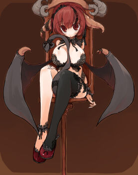 1girl ankle_garter bad_id bad_pixiv_id bare_legs between_breasts between_legs black_thighhighs breasts brown_background chair demon_tail endou_chihiro female_focus highres horns large_breasts original red_eyes red_hair short_hair simple_background single_thighhigh sitting solo tail thighhighs wings wrist_cuffs