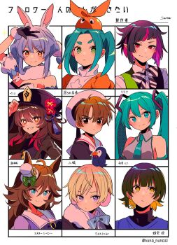 4boys 5girls animal_ears axis_powers_hetalia bachira_meguru blue_bow blue_eyes blue_hair blue_lock bow brown_hair cardcaptor_sakura closed_mouth detached_sleeves eyelashes followers_favorite_challenge grin hair_between_eyes hat hatsune_miku highres hololive horse_ears horse_girl hu_tao_(genshin_impact) iceland_(hetalia) li_syaoran lilia_vanrouge monogatari_(series) mr._c.b._(umamusume) multiple_boys multiple_drawing_challenge multiple_girls ononoki_yotsugi orange_hat pointy_ears puffy_detached_sleeves puffy_short_sleeves puffy_sleeves purple_eyes sanamaru_(sana79261827) short_hair short_sleeves slit_pupils smile striped_bow translation_request twintails twisted_wonderland umamusume usada_pekora virtual_youtuber vocaloid