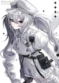 1girl 402_(o0_xxx) belt belt_buckle black_belt black_eyes black_gloves buckle closed_mouth commentary cowboy_shot double-parted_bangs gloves hair_between_eyes hat highres holding jacket juliet_sleeves long_hair long_sleeves looking_at_viewer original peaked_cap pouch puffy_sleeves shorts solo spiked_hat spikes symbol-only_commentary twintails very_long_hair walkie-talkie white_background white_hair white_hat white_jacket white_shorts