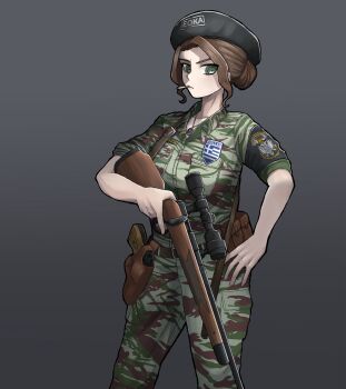 Rule 34 | 1girl, armband, belt, belt pouch, beret, black armband, black hat, bosnian war, brown hair, camouflage, camouflage jacket, camouflage pants, cigarette, collarbone, commission, cyrillic, gorgo menea, greek flag, greek volunteer guard, green eyes, grey background, gun, handgun, hat, highres, holding, holding gun, holding weapon, holster, holstered, jacket, jashin gopnik, jewelry, looking at viewer, mannlicher schoenauer rifle, military, military uniform, necklace, open collar, original, pants, pouch, revolver, rifle, scope, serbian text, short hair, short sleeves, simple background, sniper rifle, solo, standing, unlit cigarette in mouth, weapon