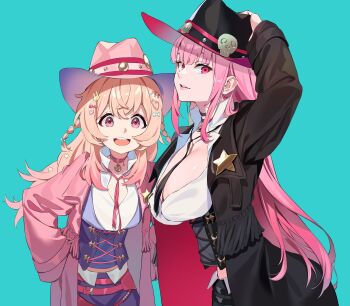 2girls absurdres black_choker braid breasts choker cleavage cowboy_hat cowboy_western hair_ornament hat hat_ornament heart heart_hair_ornament highres hololive hololive_english ibaraki_shun jewelry large_breasts long_hair looking_at_viewer mori_calliope mori_calliope_(sheriff) multiple_girls official_alternate_costume open_mouth phase_connect pink_eyes pink_hair pipkin_pippa rabbit_girl rabbit_hair_ornament red_eyes sheriff_badge simple_background skull_hat_ornament skull_ornament smile star_(symbol) star_hair_ornament very_long_sleeves virtual_youtuber